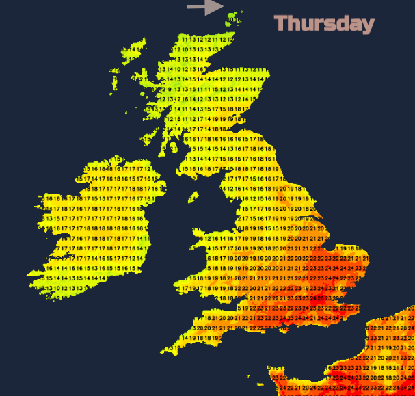 UK termperatures Thursday