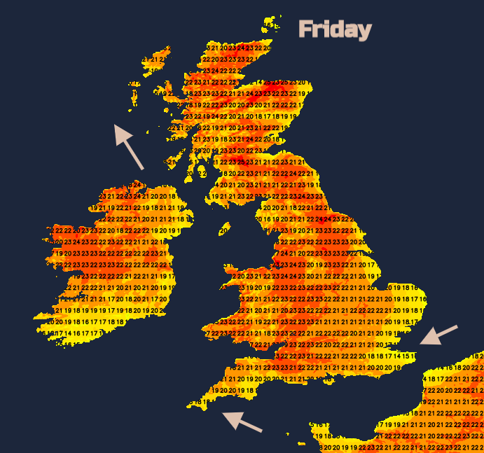 UK temperatures Friday Heatwave