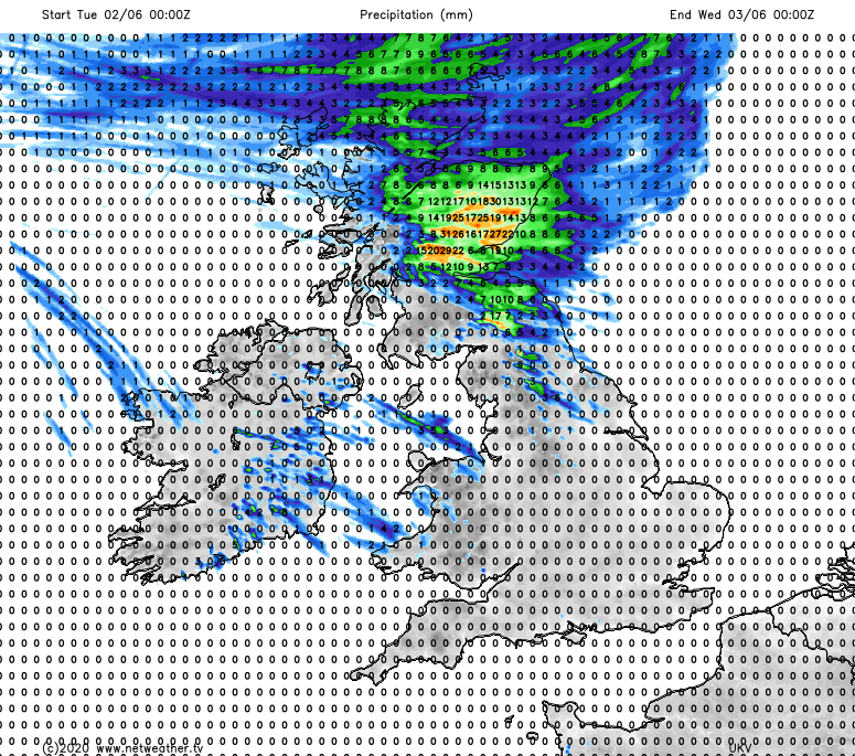 Rainfall totals on Tuesday - 25mm or so in the east of Scotland