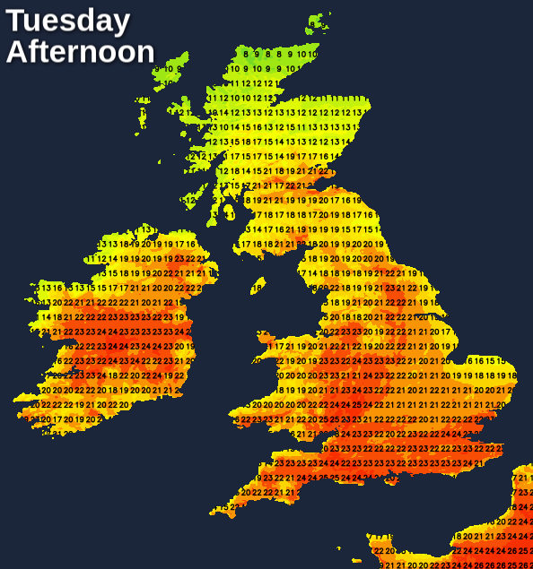 Temperatures on Tuesday afternoon