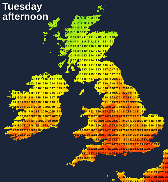 Temperatures today - still very warm for England, Wales and Southern Scotland