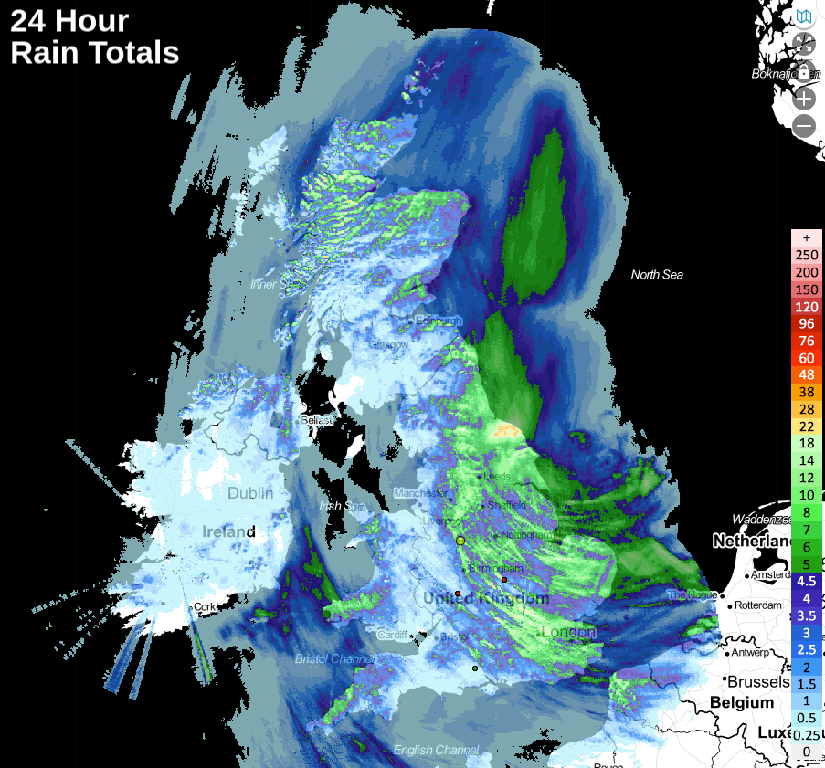 Rainfall totals over the last 24 hours