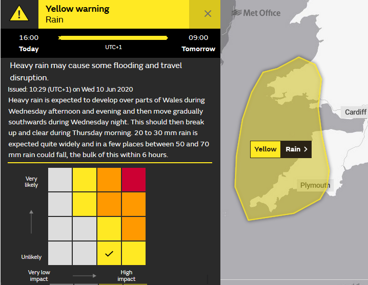 MEt Office rain warning Devon Cornwall Pembrokeshire Wales