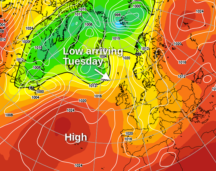 A nose of high pressure to start the week but low pressure moves in from the Northwest on Tuesday