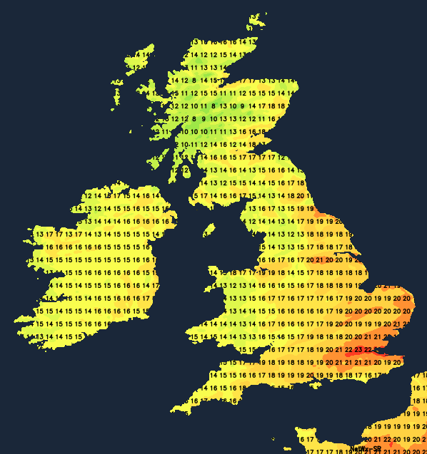 Temperatures on Saturday afternoon