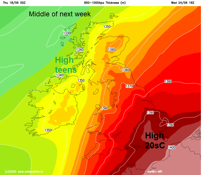 850hpa thickness chart showing hotter continental air moving over the UK