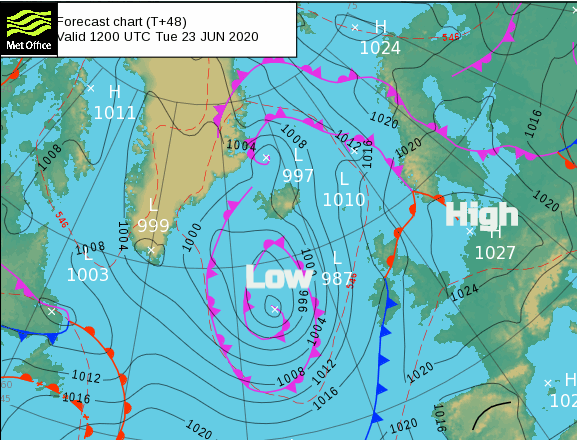 Low pressure to the west of the UK, high pressure to the east