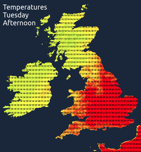 Temperatures on Tuesday afternoon