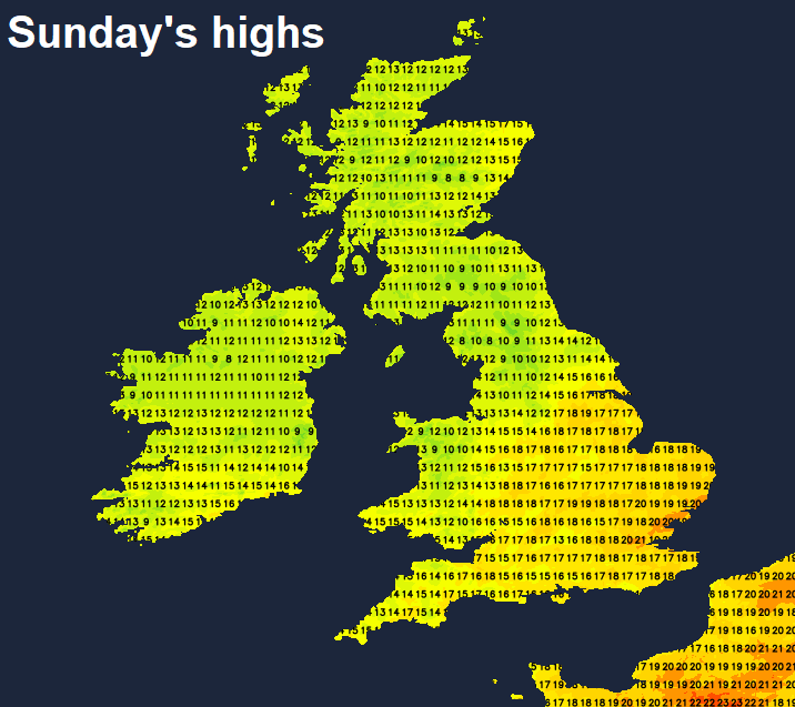 Temperatures on Sunday