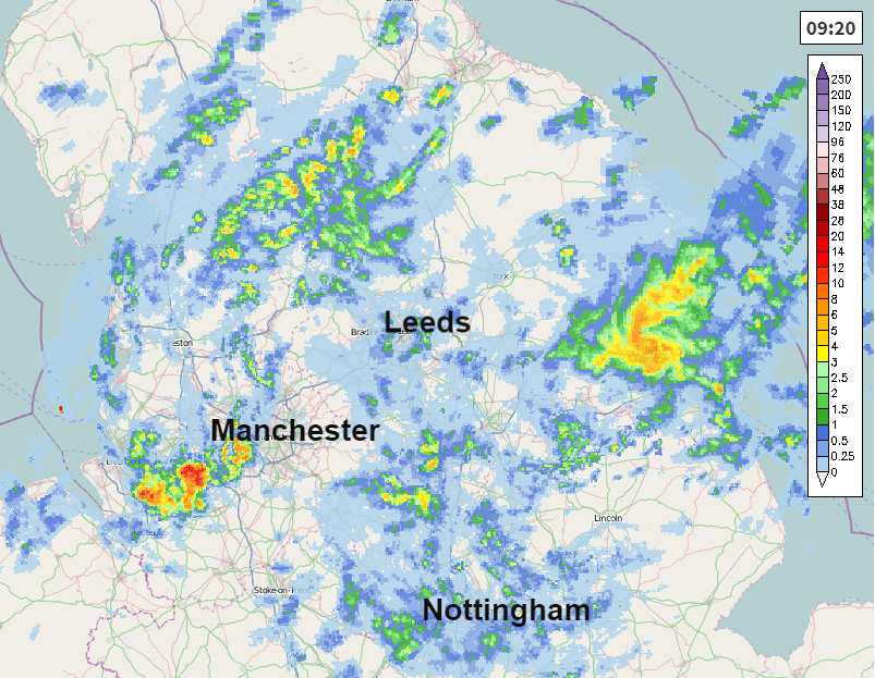 Rain for northern England York, Leicester, Hull