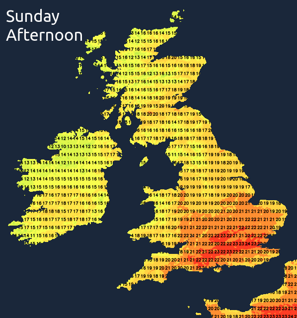 Temperatures on Sunday afternoon