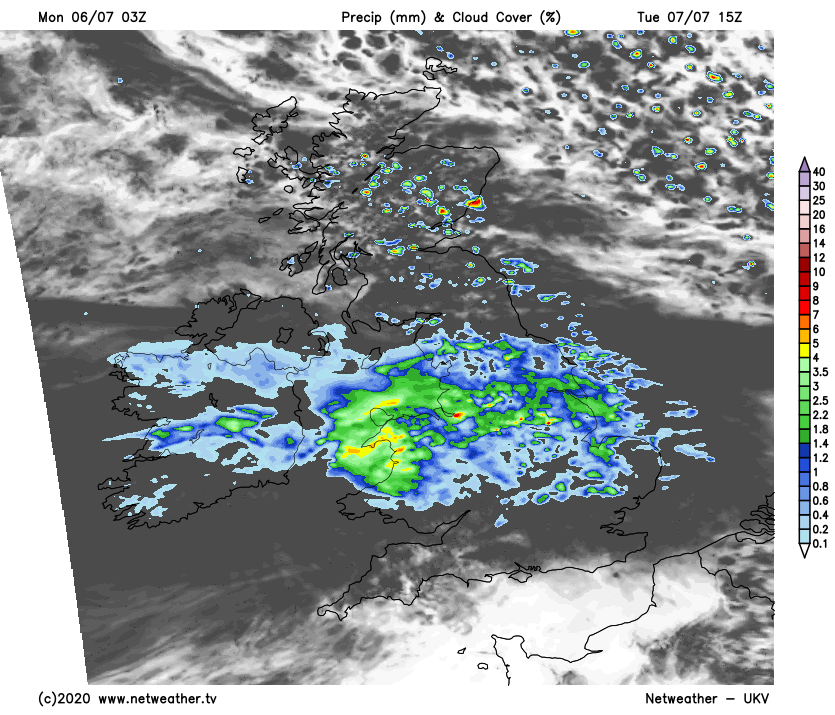 Rain affecting England and Wales on Tuesday