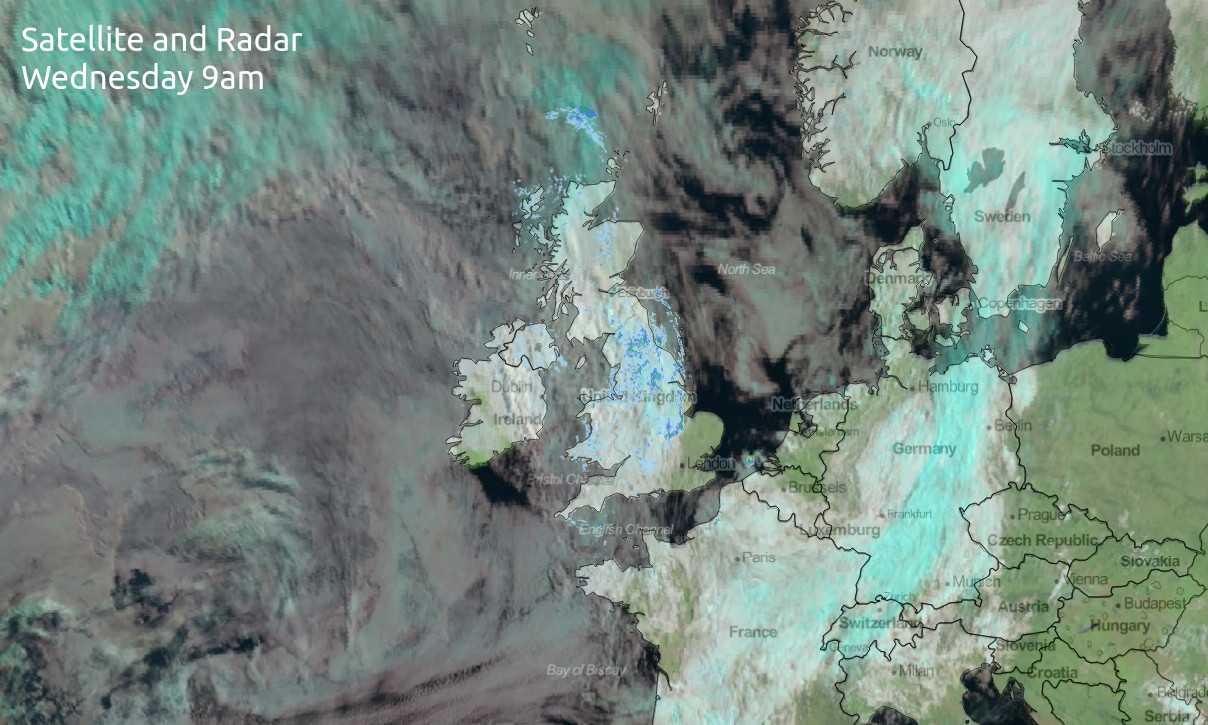 Satellite and radar image from earlier wednesday, showing cloudy skies and drizzly rain