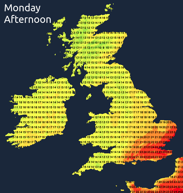 Temperatures on Monday afternoon