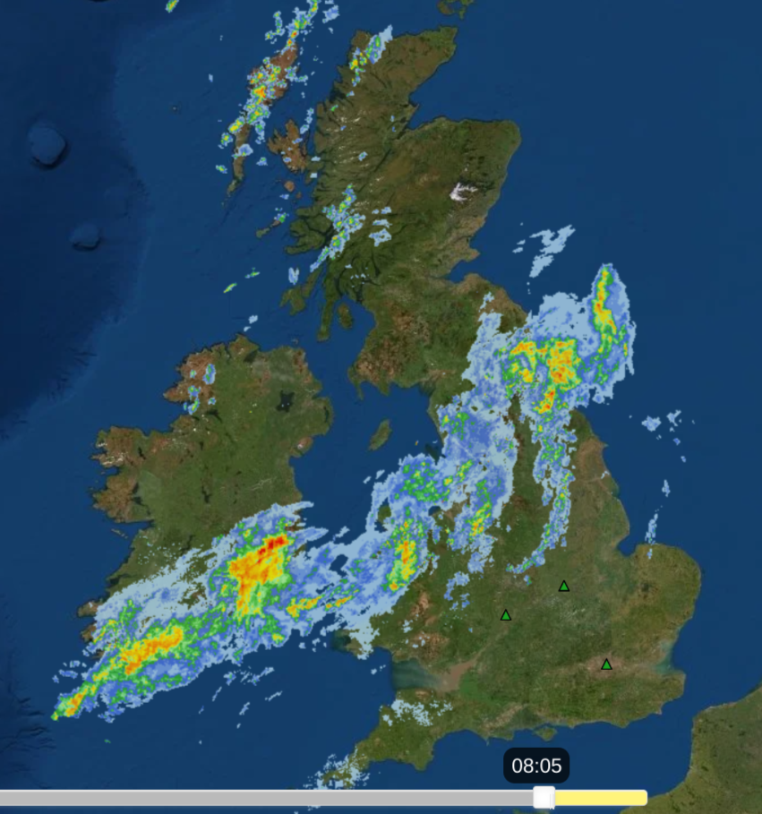Radar showing the rain on Saturday morning
