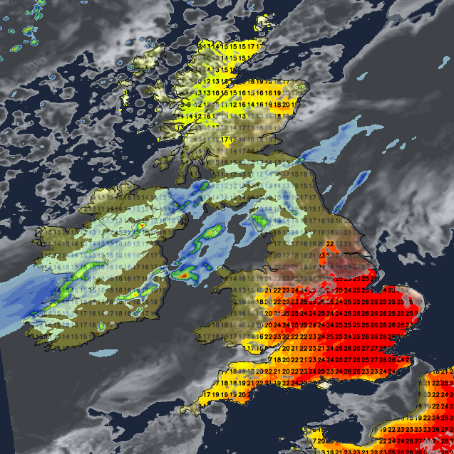 Rain moving down from the northwest on Friday - still very warm ahead of it