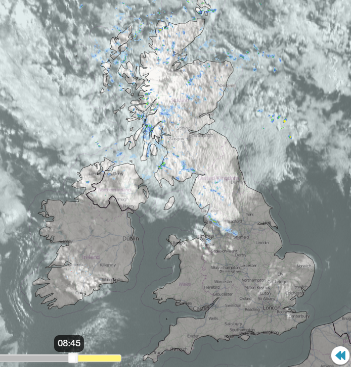 UK radar with cloud on visible satellite 