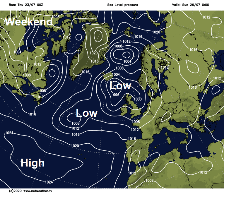 Low pressure near to the British Isles this weekend