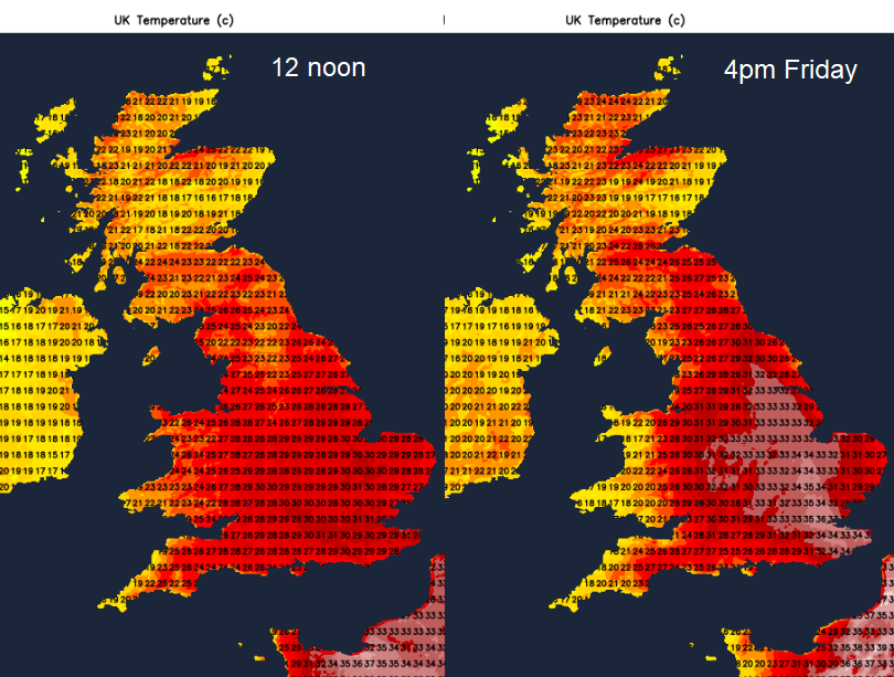 Morning and afternoon temps Friday 31st July uK