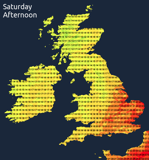 Temperatures on Saturday afternoon - nowhere near as warm as yesterday