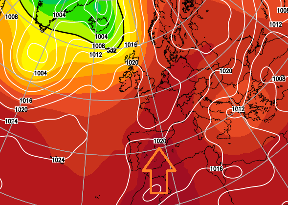 Hot air from the south moving over the UK