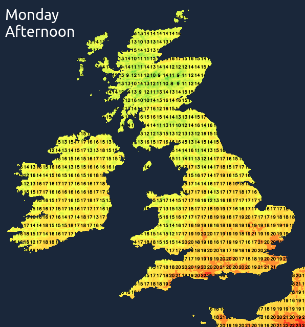 Temperatures on Monday afternoon