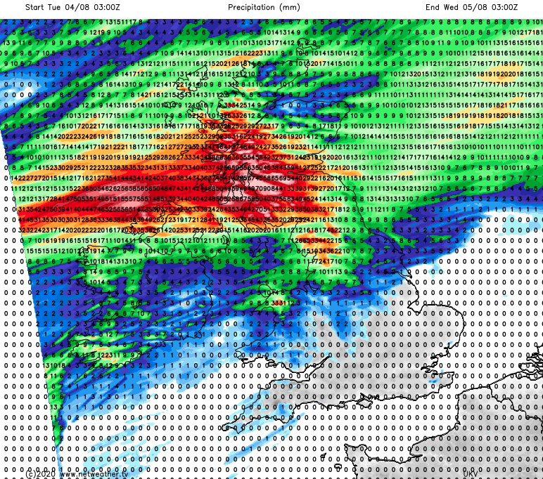 Rainfall totals on Tuesday