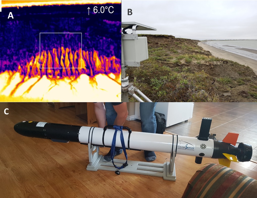 Thermal camera imagery (A), solar time-lapse camera on Tuk Island (B) and (C) the autonomous underwater vehicle IVER