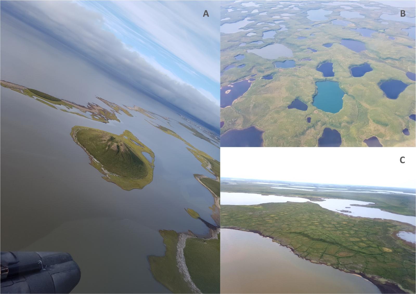 A Pingo near Tuktoyaktuk (A), colourful thermokarst lakes (B) and ice-wedge polygons or patterned ground (C)