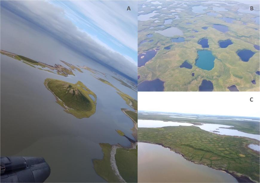 A Pingo near Tuktoyaktuk (A), colourful thermokarst lakes (B) and ice-wedge polygons or patterned ground (C)