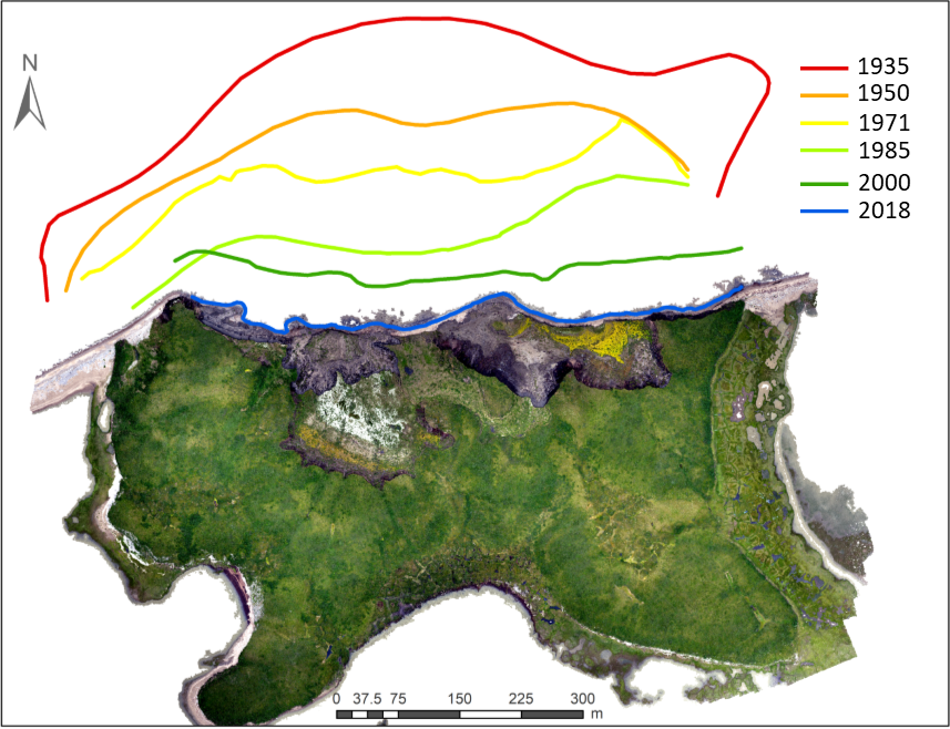 North shoreline change from 1935 to 2018 on Peninsula Point