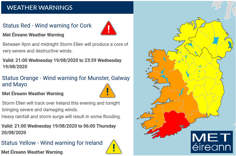 Storm Ellen red warning winds COrk