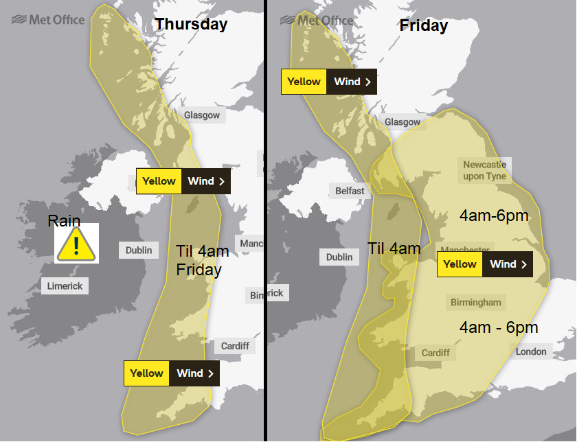 Yellow warnings rain and wind Storm Ellen