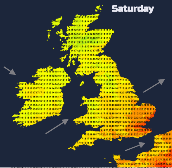 UK temperatures Saturday weekend weather