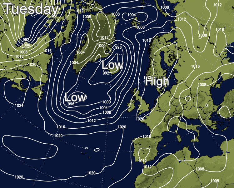 Atlantic pressure chart for Tuesday