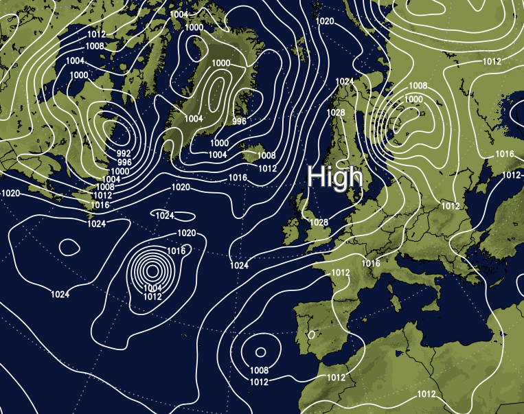 High pressure to the northeast of the UK on Thursday