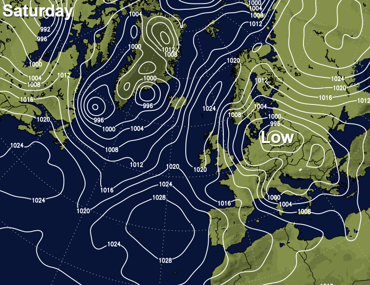 Low pressure to the east of the UK this weekend