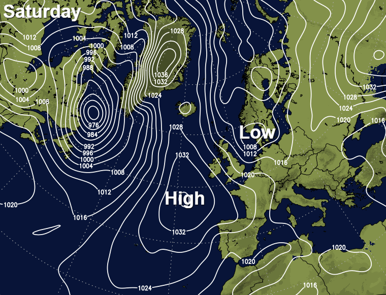 Low pressure in the North Sea on Saturday