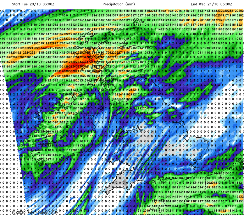 Forecast rainfall on Tuesday