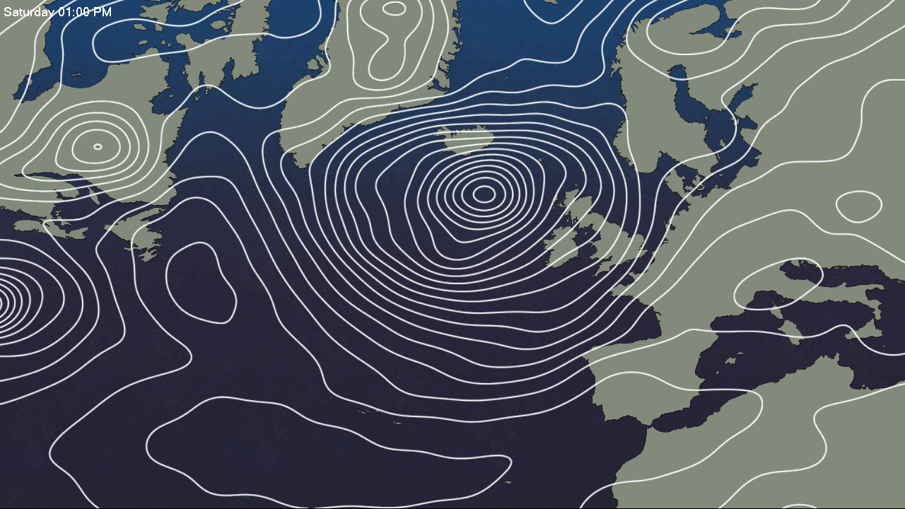 A deep low pressure to the west of Scotland on Saturday