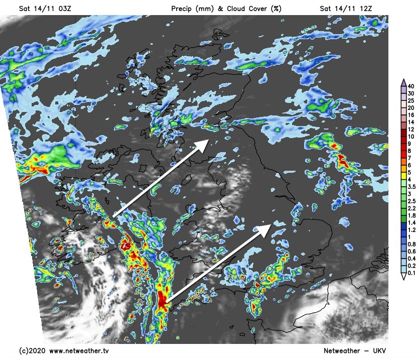 Heavy rain and blustery showers moving southwest to northeast on Saturday