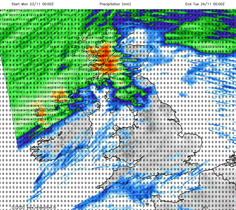 Forecast rainfall totals on Monday