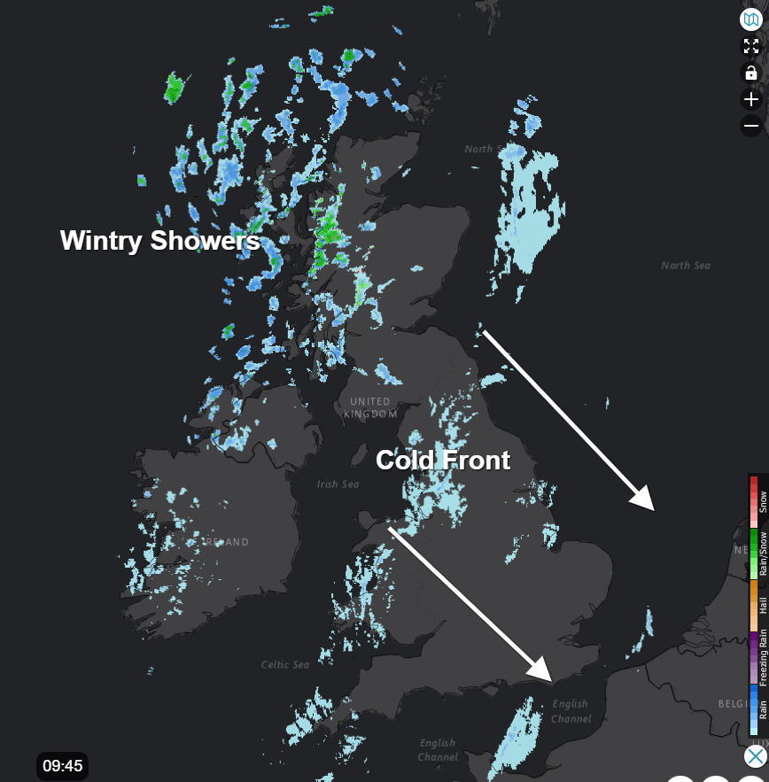 Weather radar from earlier this morning - showing the cold front and wintry showers