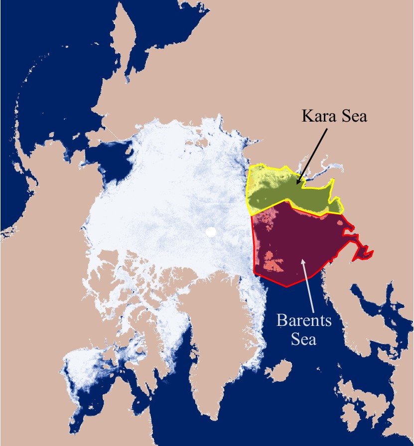 Sea ice concentration map from late November showing the locations of the Kara and Barents Seas.