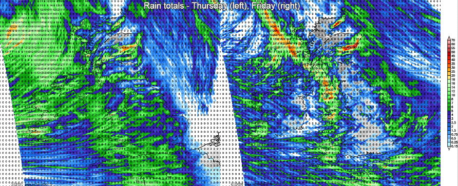 Rainfall totals on Thursday and Friday