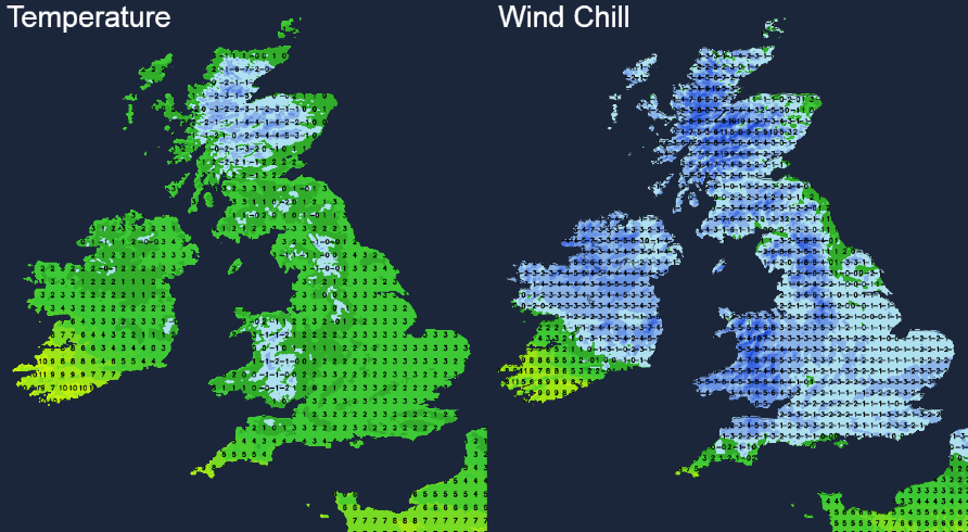 Temperatures and Wind chill on Sunday