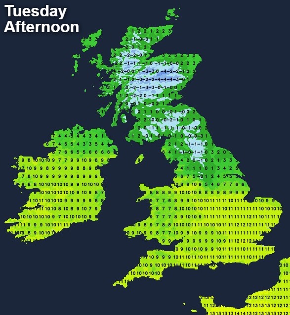 Temperatures on Tuesday afternoon - mild in the south but cold further north