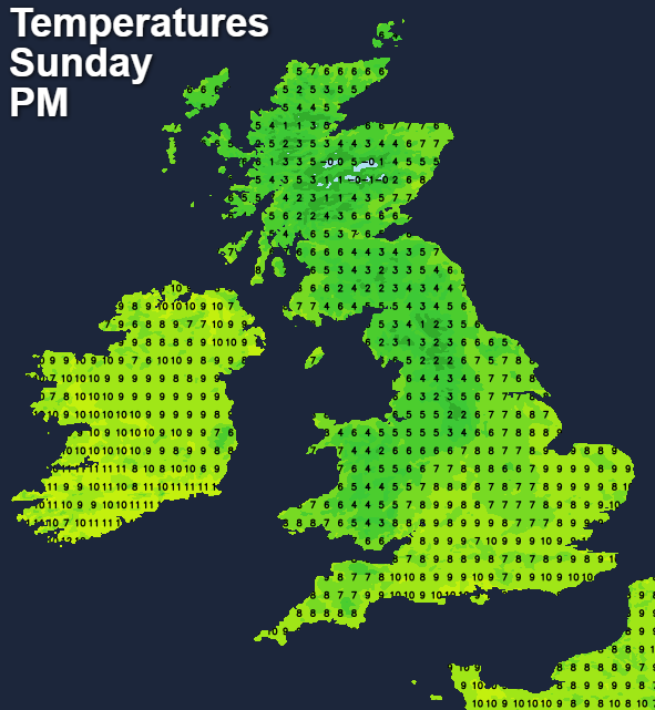 Temperatures on Sunday afternoon
