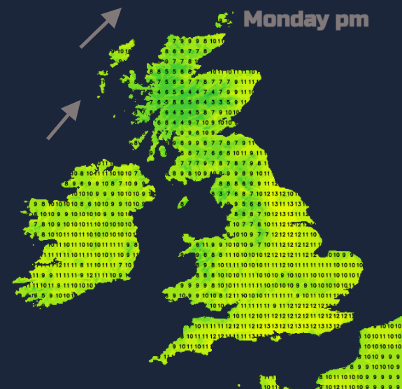 UK temperatures Monday