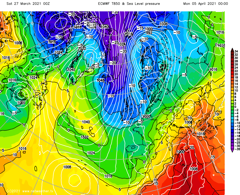 ECMWF showing a strong, Arctic northerly over the UK on Easter Monday